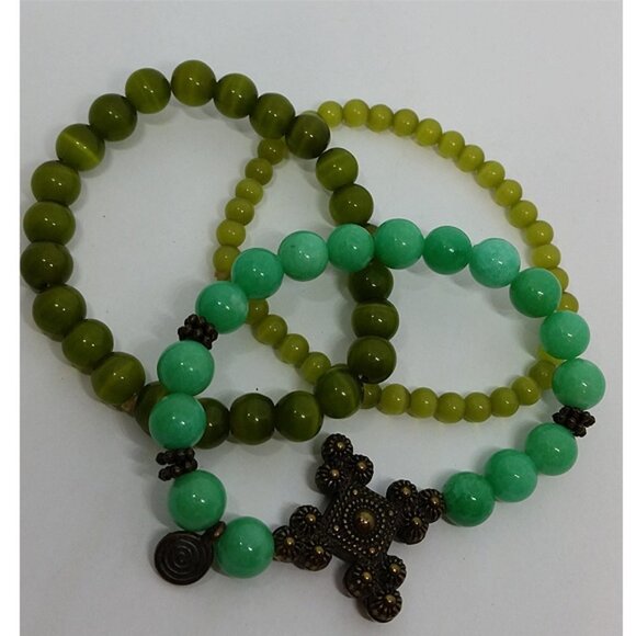 Bundle lot 3 boho style green bracelets cat's eye nephrite - Picture 2 of 3